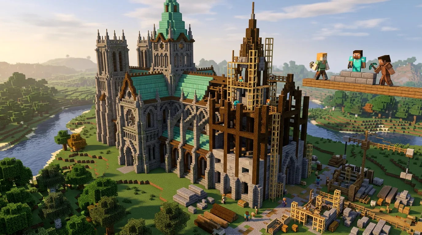 Koncepcyjny render Minecraft: katedra w budowie, lewa część gotowa, prawa w rusztowaniach z bloków.