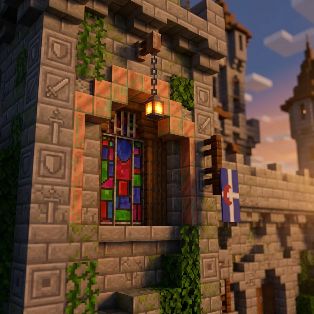 Koncepcyjny render Minecraft: zdobiona fasada zamku z witrażem, miedzianą ramą i latarnią.