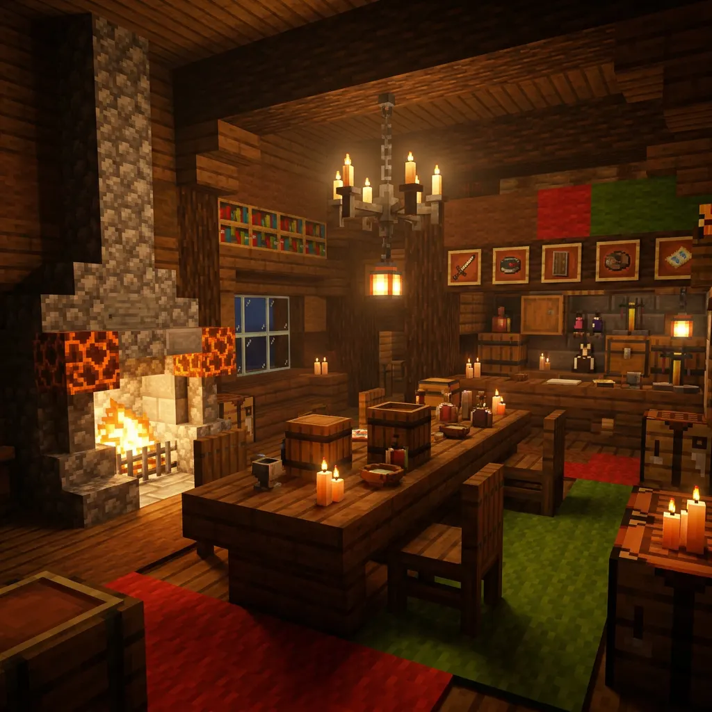 Koncepcyjny render Minecraft: wnętrze karczmy z kominkiem, świecami i beczkami.