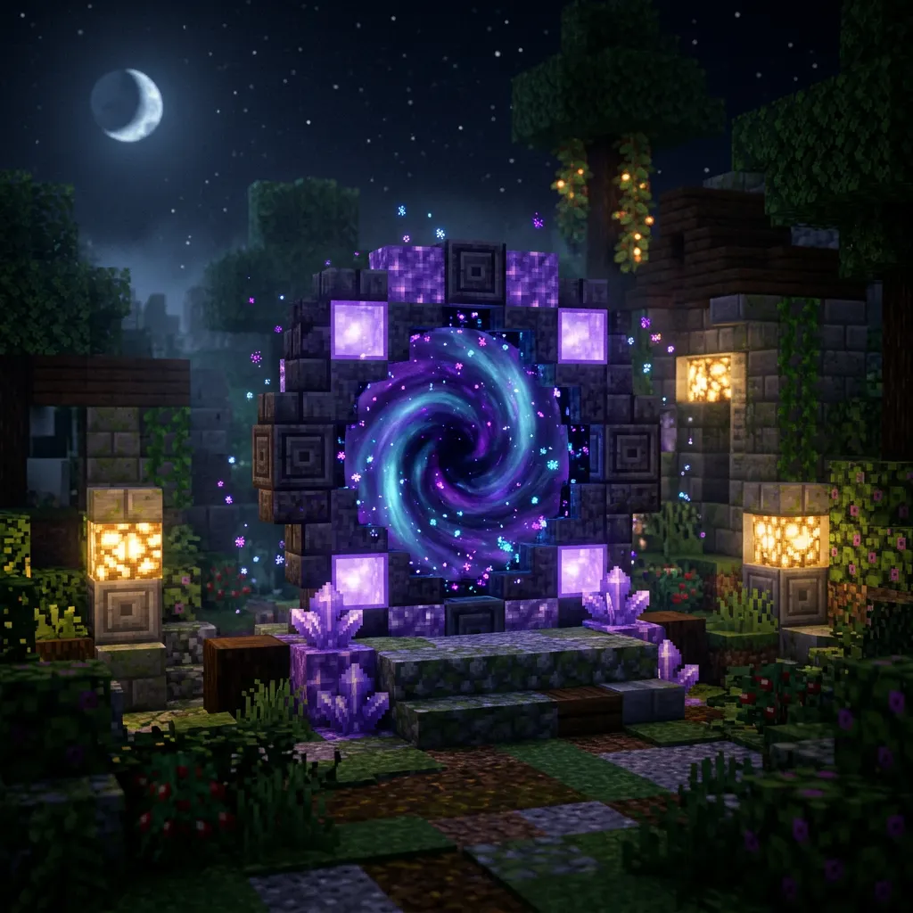 Koncepcyjny render Minecraft: magiczny portal z ametystu i deepslate nocą.