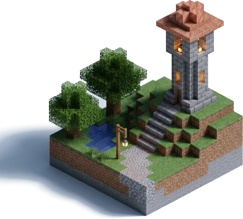 Koncepcyjna diorama Minecraft: wyspa ze ścieżką prowadzącą do kamiennej wieży, działający świat gry.
