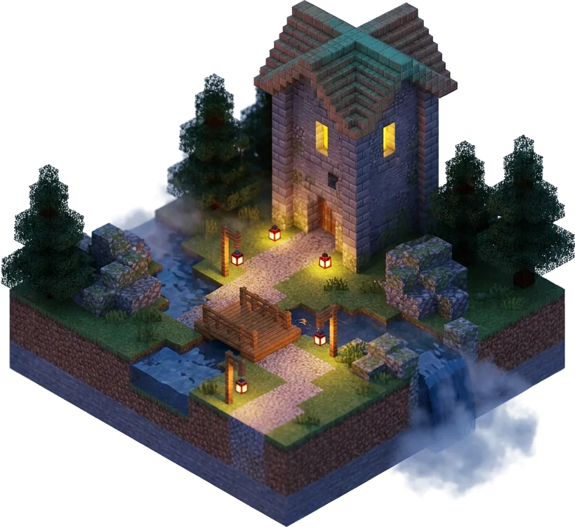 Koncepcyjna diorama Minecraft o zmierzchu: oświetlona latarniami ścieżka prowadzi przez mostek do kamiennej wieży z ciepłym światłem w oknach.