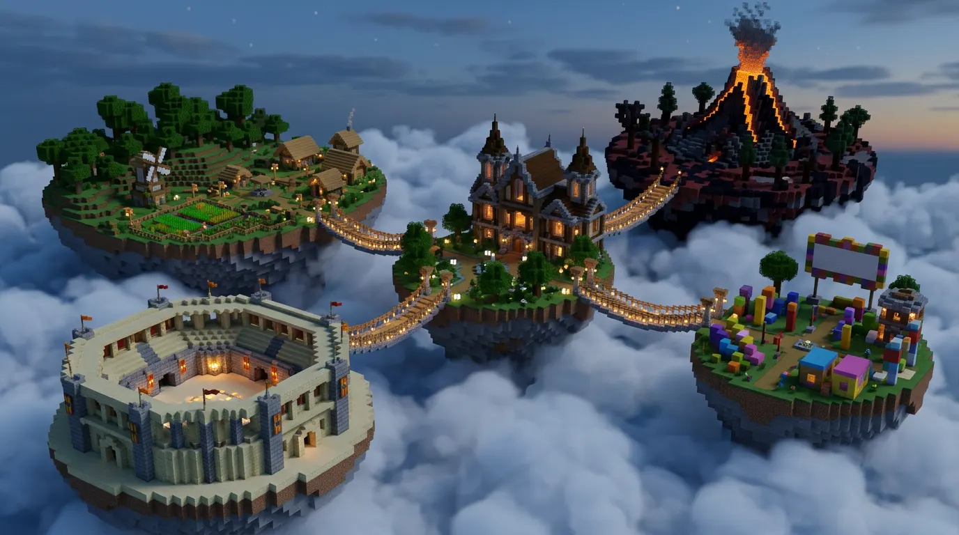 Koncepcyjny render Minecraft: pięć wysp połączonych mostami, każda z innym światem, symbol sieci serwerów.