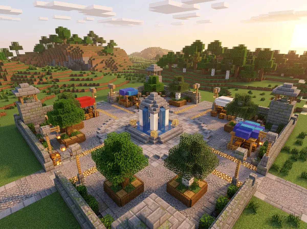 Koncepcyjny render Minecraft: kamienny plac spawnu z fontanną i ścieżkami w cztery strony.