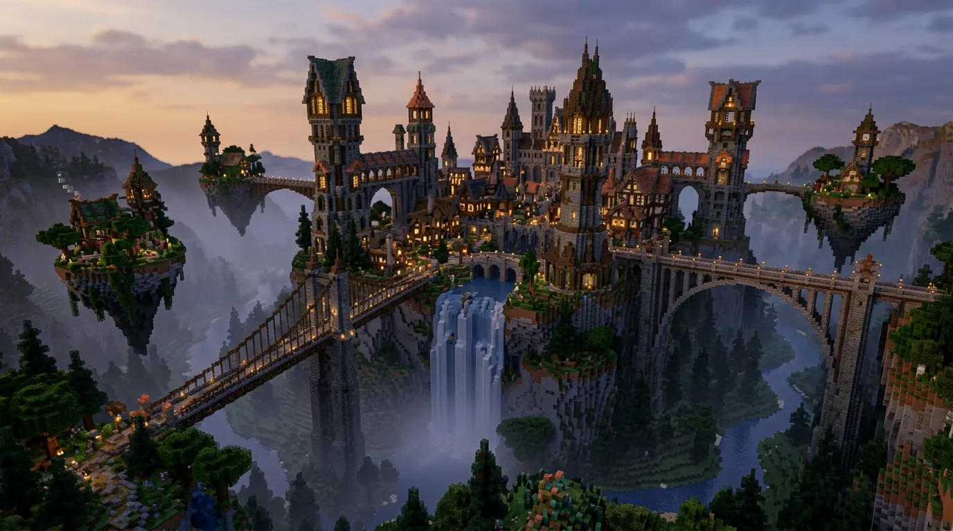 Koncepcyjny render Minecraft: miasto na płaskowyżu o zmierzchu, wieże, mosty do latających wysp i wodospady.